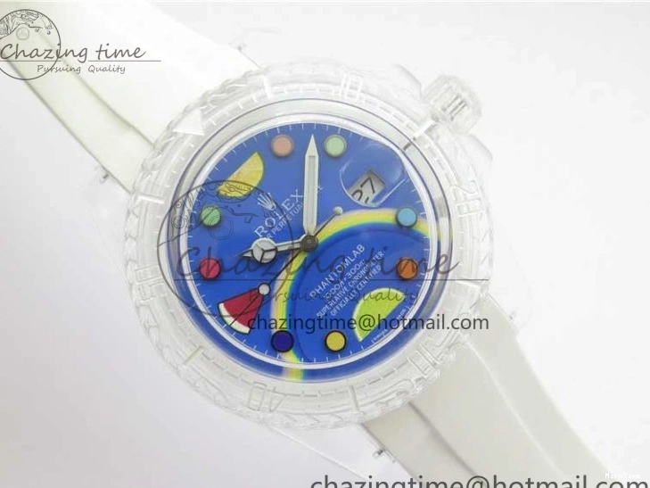 MiroTime 0123 Submariner Phantomlab Transparent KZF Best Edition Blue Fruit Dial on White Rubber Strap VR Classic 2563